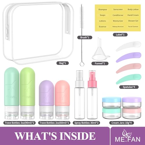 ME.FAN Travel Bottles for Toiletries, 18 Pack TSA Approved Travel Size Containers Set, Silicone Squeezable Portable Split Bottle, Travel Accessories for Conditioner, Shampoo, Lotion - Bright - color: Bright