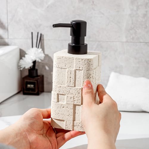 Soap Dispensers 13.5 OZ, 2 PCS Travertine Stone Look, White | Luxurious, Modern, Hand Dish Lotion Shampoo Soap Dispenser Jar with Pump Bottles for Kitchen Sink Bathroom Countertop - color: White