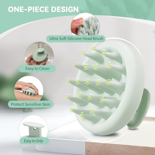 Silicone Scalp Massager Shampoo Brush, Shower Scalp Scrubber with Soft Bristles, for Hair Growth & Dandruff Treatment, Wet Dry Hair Massager for All Hair Types of Women (Light Green) - color: Light Green
