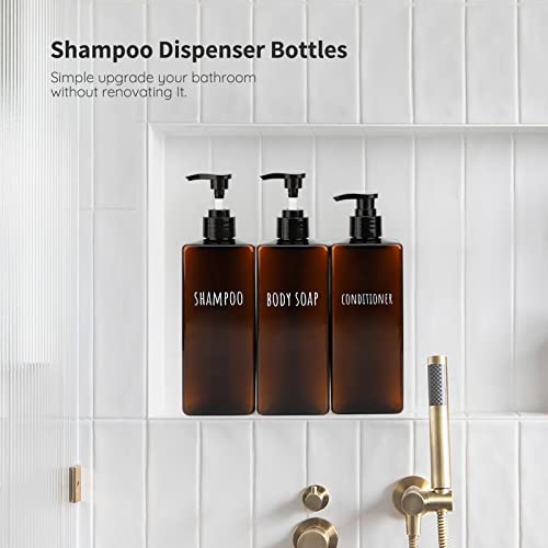Segbeauty 16.9oz Lotion Dispenser, 3pcs Refillable Square Shampoo Bottles with Pump, 500ml Empty Plastic Bathroom Shower Bottles Liquid Soap Container Body Wash Dispenser for Home Hotel Travel Amber - color: Dark Amber, style: Black Pump