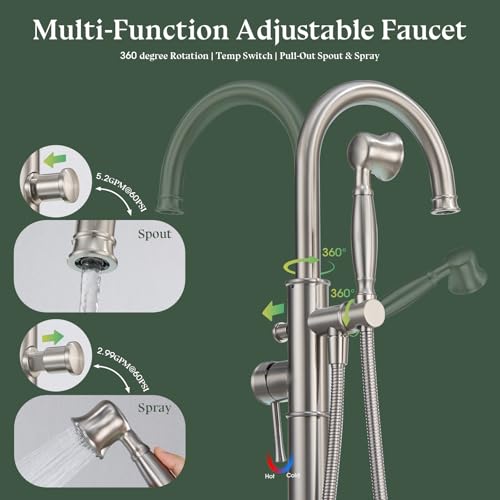 Free Standing Tub Faucet, Wintap Classic Freestanding Bathtub Faucet with Sprayer Brass Elegant Floor Mount Bath Faucets High Flow Roman Tub Filler, Brushed Nickel （WT-3311BN） - color: Brushed Nickel