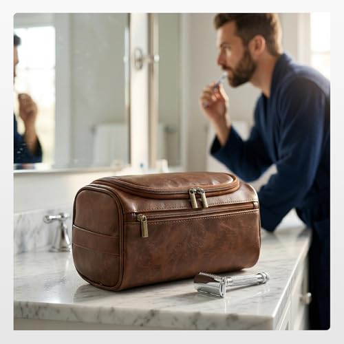 Travel Toiletry Bag for Men, Hanging Hygiene Bag EDC Pouches Small Dopp Kit Water-resistant Mens Shaving Kit Bags PU Leather Toiletry Organizer for Travel Weekend Fitness Hospital Brown - color: Brown