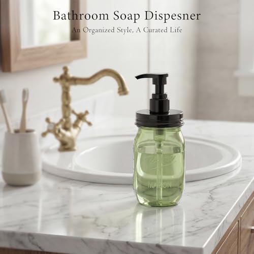 Amolliar Plastic Mason Jar Soap Dispenser with Pump Lid,16OZ Refillable Hand Soap Dispenser Set with Cute Lables - Farmhouse Decor for Kitchen Bathroom, Liquid Soap, Dish Soap, Lotion (2 Pack, Green) - color: Green Jar With Black Pump