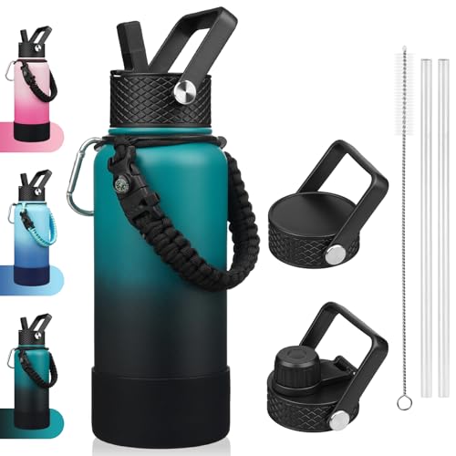 BJPKPK 32oz Insulated Water Bottles with 3 Lids, Paracord Handle & Non-slip Boot, Stainless Steel Metal Water Bottle,Reusable BPA Free Thermal Flasks, Tumblers, Army Green & Black - color: Army Green & Black, size: 32 Ounces