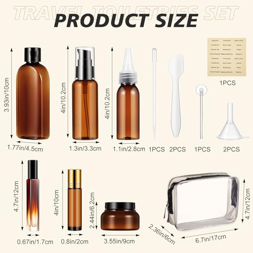 21 Pcs Amber Plastic Travel Toiletry Bottles Set, TSA Approved Travel Containers, Leak Proof Containers with Refillable Squeeze Bottle, Roller Balls, Pump sprayer, Perfume Atomizer, Labels & Funnel