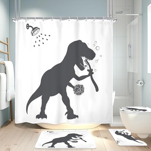 4PCS Dinosaur 71Wx71H Inches Funny Animal Dino Silhouette Shadow Kids Shower Curtain Sets with Rugs,Toilet Lid Cover and Bath Mat,for Boys Bath Accessories Art Home Decor Fabric 12 Pack Hooks - color: A1-dinosaur
