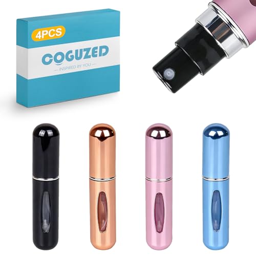 CoguZed 4 Pack 5ml Refillable Perfume Atomizer Empty Bottles, Travel Size Cologne Dispenser with Visual Window, Bottom Fill Mini Scent Spray Pump for Men and Women