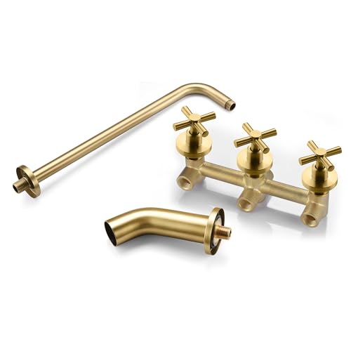 SUMERAIN 3 Handle Tub Shower Faucet Set Brushed Gold | High Pressure Waterfall Tub Spout, 3-Cross Handles, Wall Mounted, 8 Inches Rain Shower Head, Brass Rough in Valve - color: Brushed Gold