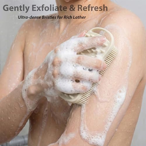 MtBoi 2 PC Silicone Body Scrubber, 2 in 1 Exfoliating Shower Bath Scrubber, Soft Silicone Loofah for Sensitive Skin, Shower Hair Scalp Massager, Easy to Clean, Lather Well (Grey&Blue) - color: Grey&blue