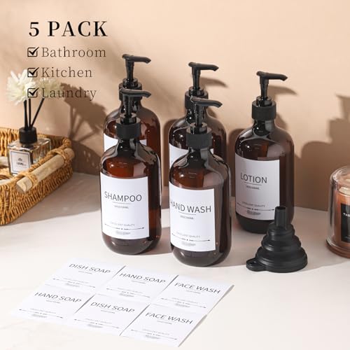 Stylish Shampoo Bottles Refillable with Pump,(5Pack) Amber Shampoo and Conditioner Dispenser,Shampoo Bottles with 8pcs Lables - color: Amber-w