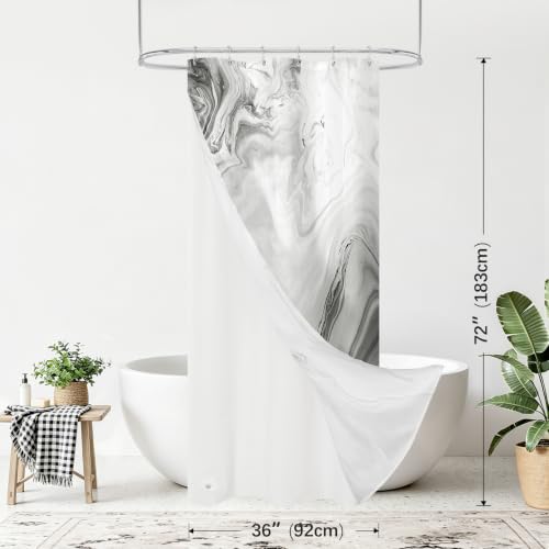 MitoVilla 3 in 1 Stall Half Size Grey Marble Shower Curtain Set-36 W x 72 H, Modern Ripple Shower Curtain and Waterproof Fabric PEVA Liner Set with Stainless Steel Hooks - color: 3 in 1 - Grey, size: 36"W x 72"L (Pack of 1)