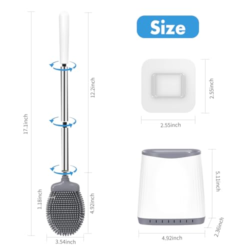Silicone Toilet Brush and Holder, Flexible Bowl Brush Head with Ventilated Holder, Wall Mounted Compact Set for Bathroom Cleaning