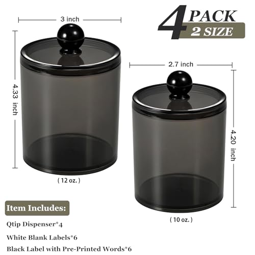 SheeChung 4 Pack Qtip Holder, Cotton Round holder with Lids - (2) 12oz & (2) 10oz Qtip Jar - Shatterproof Bathroom Vanity Organizer for Cotton Swabs, Balls, Pads, Floss Picks (Black ) - size: 4pack