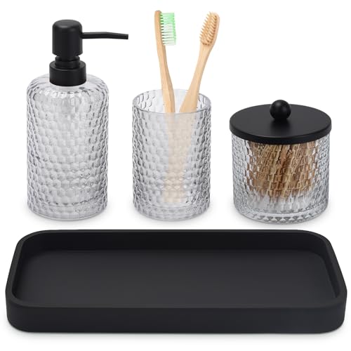Bathroom Accessory Set,4 Pcs Clear Glass Bathroom Accessories Set-Lotion Soap Dispenser,Toothbrush Holder,Qtip Holder Dispenser & Resin Vanity Tray,Countertop Vanity Organizer,Crystal Clear - color: Clear + Matte Black Tray