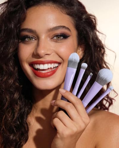 EIGSHOW Makeup Brush Set 5Pcs Basic Makeup Brushes for Powder Foundation Eyeshadow Eyeliner, Synthetic Silver Ion Bristles, Travel-Friendly, Vegan & Cruelty-Free (Matte Purple) - color: Matte Purple
