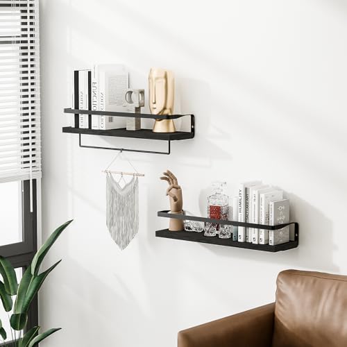 Bathroom Shelves with Towel Bar, Wood &Metal Frame, 2 Pack(Black) | Floating Shelves for Bathroom, Kitchen, Living Room, Bedroom - color: Black
