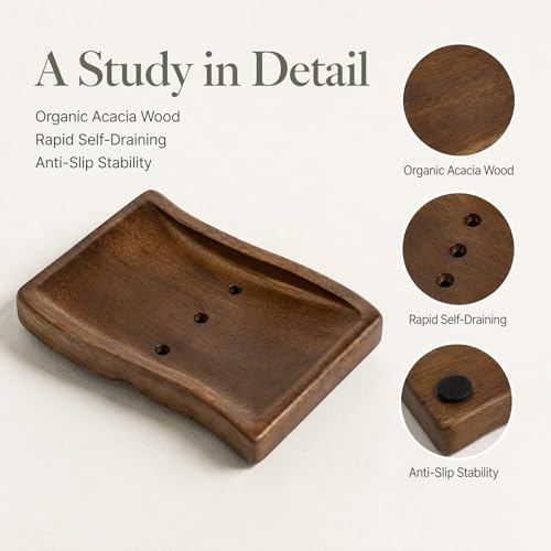 Wood Self-Draining Bar Soap Holder, 3 Holes Design Soap Dish and Sponge Holder, Quick Dry Soap Saver Tray for Bathroom, Kitchen, Shower & Countertop (Brown, 1 Pack)