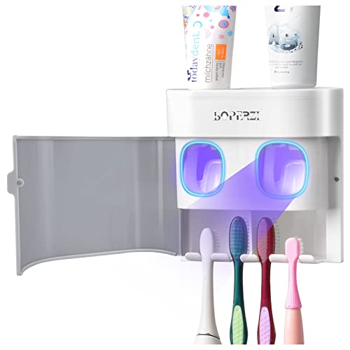 Boperzi Toothbrush Holder Wall Mounted Toothpaste Dispenser Gray Dustproof Cover for Shower Bathroom Set with 2 Toothpaste Squeezers (Not Electric) - color: Gray