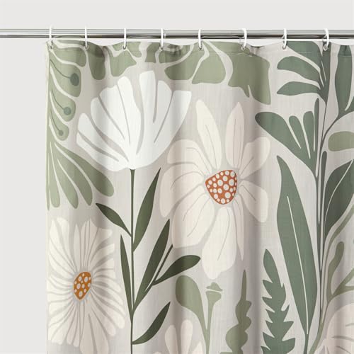 RoomTalks Cute Green Faux Linen Shower Curtain Extra Long 84 Inch - 210GSM Heavy Duty Modern Floral Matisse Spring Summer Aesthetic Botanical Shower Curtain Set with Hooks - color: Green, size: 72"W x 84"L (Pack of 1)