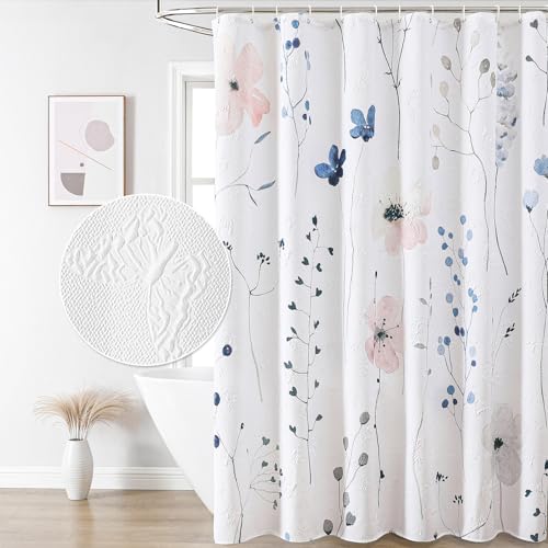 QiyI Watercolor Floral Shower Curtain, 3D Embossed Butterflies Pink Blue Bathroom Curtain, Minimalist Farmhouse White Bath Curtain, Waterproof Fabric Flower Shower Curtain Set with Hooks, 72x72 - color: Blue Branches, size: 72"W x 72"L (Pack of 1)