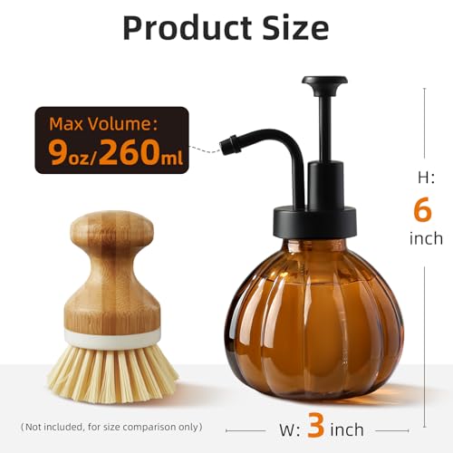 Halloween Soap Dispenser, Fall Amber Glass Soap Dispenser, Small Bathroom Hand Soap Dispenser, Vintage Pumpkin Style Soap Bottle with Pump, 9 fl oz Refillable Liquid Dish Dispenser for Kitchen