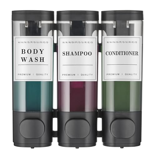 Shampoo and Conditioner Dispenser Shower Dispenser Body Wash Wall Mounted Shampoo Dispenser for Shower Wall No Drill for Bathroom Hotel 3 Chamber x 300ml Black with Waterproof Labels - color: Black 3