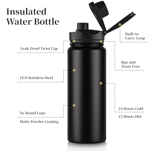 24 oz Insulated Water Bottle Bulk 4 Pack, Stainless Steel Sports Water Bottles with Straw Lid & Wide Mouth Lids, Double Walled Vacuum, Leak Proof, Black - color: Black, size: 24 Ounces-4
