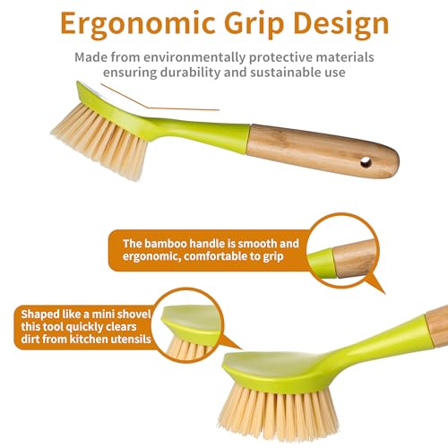 2 Pack Kitchen Dish Brush Bamboo Handle Dish Scrubber Built-in Scraper, Scrub Brush for Pans, Pots, Kitchen Sink Cleaning, Dishwashing and Cleaning Brushes are Perfect Cleaning Tools, Color-Green - style: Green