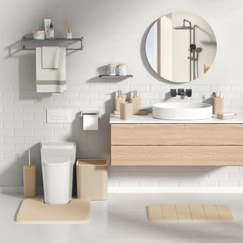 XLHOMO Bathroom Set- 25PC Beige Bathroom Set, Bathroom Set with Shower Curtain and Rugs, Beige Shower Curtain Set, Toilet Brush, Bathroom Trash Can - size: Bath Set+Shower Curtain+Rugs, style: Beige