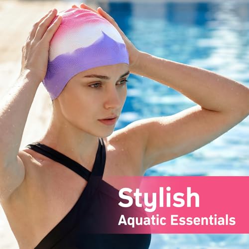 Women Swim Cap 2 Pack for Long Hair, Silicone Flower Adult Swimming Caps Waterproof for Girl Youth No Wet Hair - color: Pink & Purple