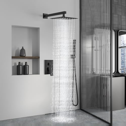 Aolemi Shower Faucet Set Rain Shower System with Handheld Spray Bathroom Shower Combo Rough-in Valve and Shower Trim Kit Included Matte Black 10 Inch Wall Mount Shower Head - color: Matte Black, size: 10 Inch Wall Mount Shower Head