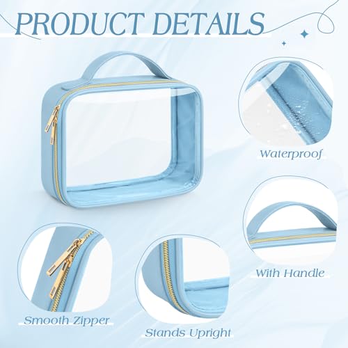 Abbylike 6 Pcs Clear Makeup Bags Bulk 7.9 x 5.9 x 2.4 Inches Quart Size Approved PU Leather Toiletry Bag with Handles Small PVC Clear Travel Cosmetic Case for Women Wedding Bridal Gifts(Blue) - color: Blue