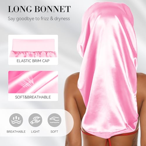 Braid Bonnet-Mesh Hair Nets for Sleeping Set Long Hair Bonnet Satin Reusable Elastic Mesh Wrap Cap for Curly, Braids Hair Anti Frizz 2 Piece Set(black net, pink bonnet) - color: Black Net, Pink Bonnet