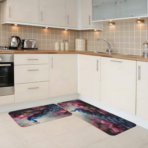 Pink Floral Peacock Bird Kitchen Rugs Mats Set of 2 Pcs Non-Slip Floor Mats Washable Runner Rugs Set for Bathroom Laundry Hallway Kichen Comfort Standing Mat - color: Pink Floral Peacock Bird