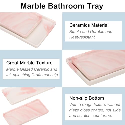 uxcell 2pcs Marble Tray for Bathroom 2 Size Small Rectangle Ceramic Vanity Tray for Countertop Shatterproof Bathtub Soap Tray Kitchen Sink Organizer Key Trinket Ring Tray, Pink - color: Pink