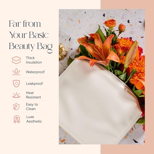 Stay Golden Insulated Makeup Bag – Heat-Resistant, Waterproof Cosmetic & Toiletry Pouch for Women | White with Silver Zipper Vegan Leather Day Pouch, Small (7.5 x 5 x 3 in) - color: White with Silver Zipper, size: Small