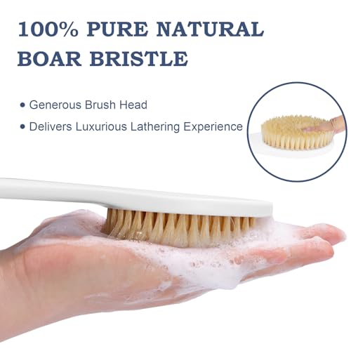 Back Scrubber for Shower, Shower Body Brush for Cleaning with Long Handle for Showering, 17 Inch Back Washer Exfoliator for Shower Men Women with Non-Slip Handle, Adhesive Hook (Lake Blue) - size: Lake Blue - Boar Bristles