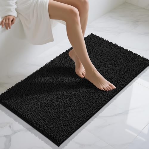 Yimobra Long Bathroom Rugs 44"x24", Extra Soft Non Slip Bath Mat for Tub, Super Absorbent Quick Dry Shaggy Rug Floor Carpet, Machine Washable,Black - color: Black, size: 44" X 24"