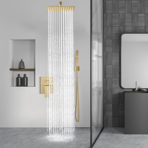 Aolemi Shower Faucet Set Rain Shower System with Handheld Spray Bathroom Shower Combo Rough-in Valve and Shower Trim Kit Included Brushed Gold 12 Inch Wall Mount Shower Head - color: Brushed Gold, size: 12 Inch Wall Mount Shower Head