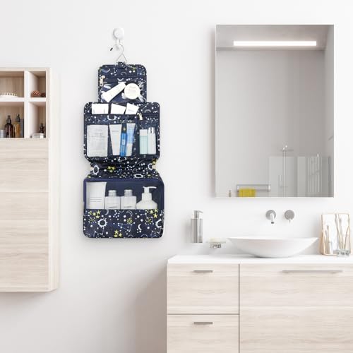Mossio Hanging Toiletry Bag with Sturdy Hook - Large Portable Cosmetic Makeup Travel Organizer for Men & Women - color: Blue Galaxy