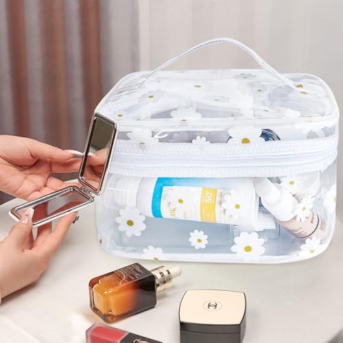 Clear White Flower Cosmetic Bag and Travel Pouch with Handle 8.66 * 5.51 * 5.51inch-Durable PVC Material,Versatile,Zipper Design for Smooth Sliding-Ideal for Makeup,Travel Essentials - color: White Flower#1