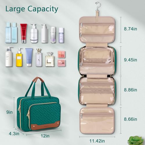 Wedama Toiletry Bag for Women, Hanging Travel Toiletry Bag with Jewelry Organizer Compartment Large Makeup Bag, PVC Waterproof Cosmetic Travel Bag Trips Camping Bathroom, Green+Brown - color: Green, size: Large, style: With Jewelry Organizer Compartment