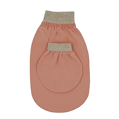 Feel Fine Turkish 100% Natural Plant Silk Exfoliating Gloves & Mitt Set – Hammam Kese for Body Scrub Mitt for Women & Men, Perfect for Shower, Bath, and Spa (Salmon&Gold)