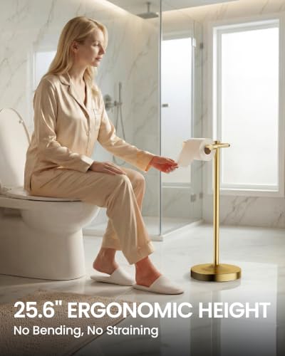 Freestanding Toilet Paper Holder Stand, 4.57 LB Weighted Base Toilet Paper Stand with Pivoting Arm, 304 Stainless Steel Floor Toilet Roll Holder No Drilling, 25.6 Inch, Gold - color: Gold