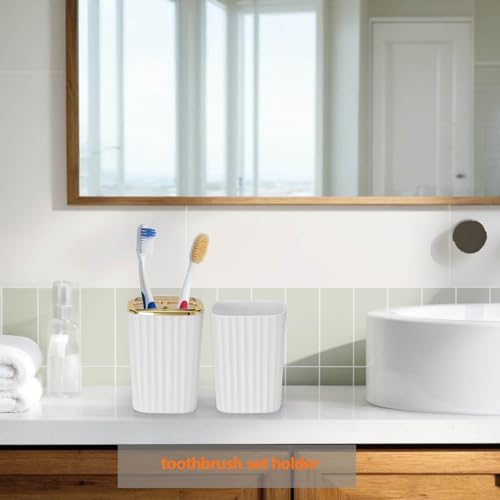 Bathroom Accessory Set,9 Pieces White Bathroom Sets Complete with Toothbrush Holder, Trash Can, Lotion Soap Dispenser, Toothbrush Cup, Vanity Tray, Soap Dish, Toilet Brush, Qtip Holder for New Home - color: White