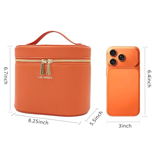 Large Makeup Bag Organizer, PU Leather Makeup Case with Removable Dividers, Waterproof Travel Cosmetic Bag(Orange) - color: Orange
