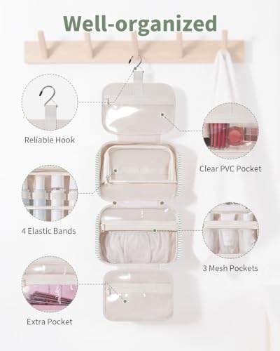 Narwey Striped Hanging Toiletry Bag for Women Travel Makeup Bag Organizer Cosmetic Make Up Toiletries Bag for Travel Essentials Accessories (Mint Green Stripe, Medium) - color: B-Mint Green Stripe, size: Medium