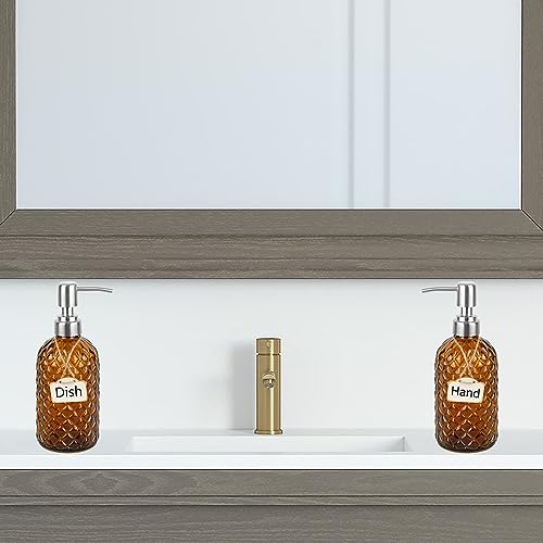 16 oz Diamond Pattern Glass Soap Dispenser, Kitchen and Bathroom Refillable Soap Dispenser with Rust Resistant Stainless Steel Pump for Hand Soap, Lotion Glass Liquid Dispenser(Amber-2pack) - color: Amber-2pack