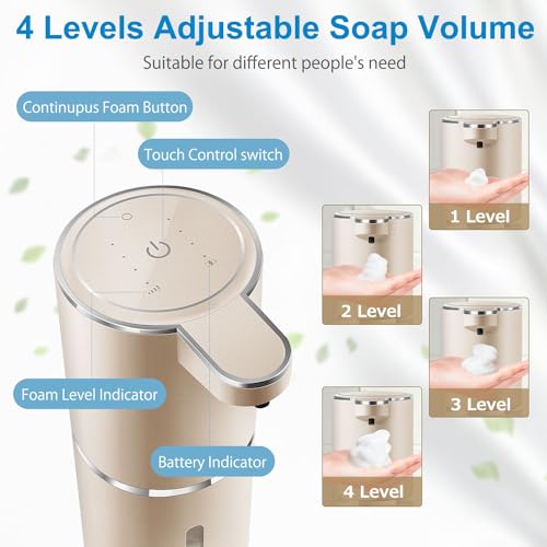 Automatic Foaming Soap Dispenser,4-Level Adjustable Foam, Wall Mount,USB Rechargeable,12.8oz/ 380ml,Touchless Hand & Dish Soap Dispenser for Bathroom, Kitchen,Hotel, Restaurant - color: Champagne Gold