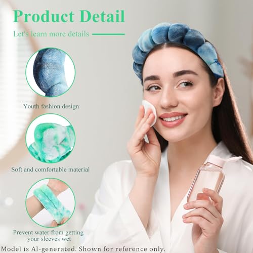 Skincare Headband and Wristband Set, Tie-dye | Soft absorbent fabric, snug head-hugging fit for face washing, skincare, makeup, masks, travel, women and teen girls - color: Tie-dye green